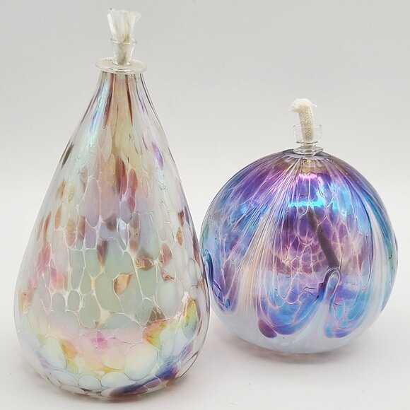 Pair Iridescent Art Glass Oil Candle Lamp Purple Pink Multicolored Teardrop Orb - Picture 1 of 11